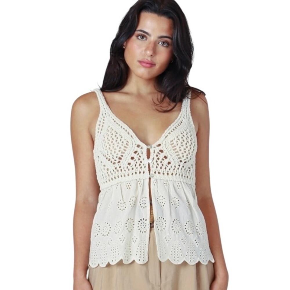 Room 34 Beige Crochet & Eyelet Lace Babydoll Tank Top MED Boho Festival Coquette